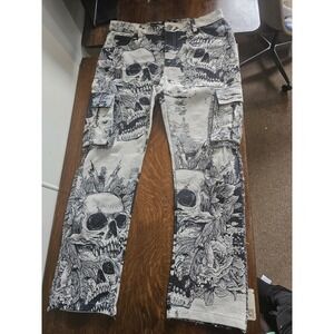 Rebel Minds Jeans Mens 36x32 Black Skull Floral Cargo Denim Pants Gothic Graphic